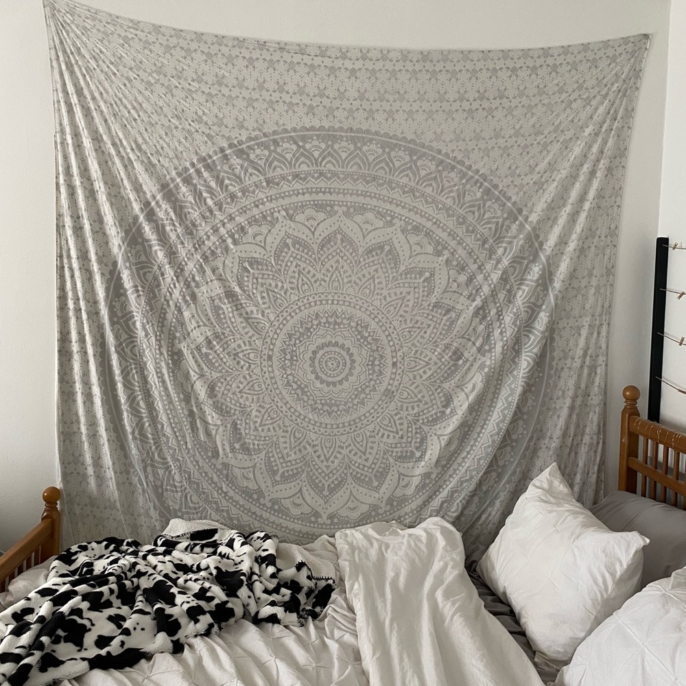 grey and white tapestry